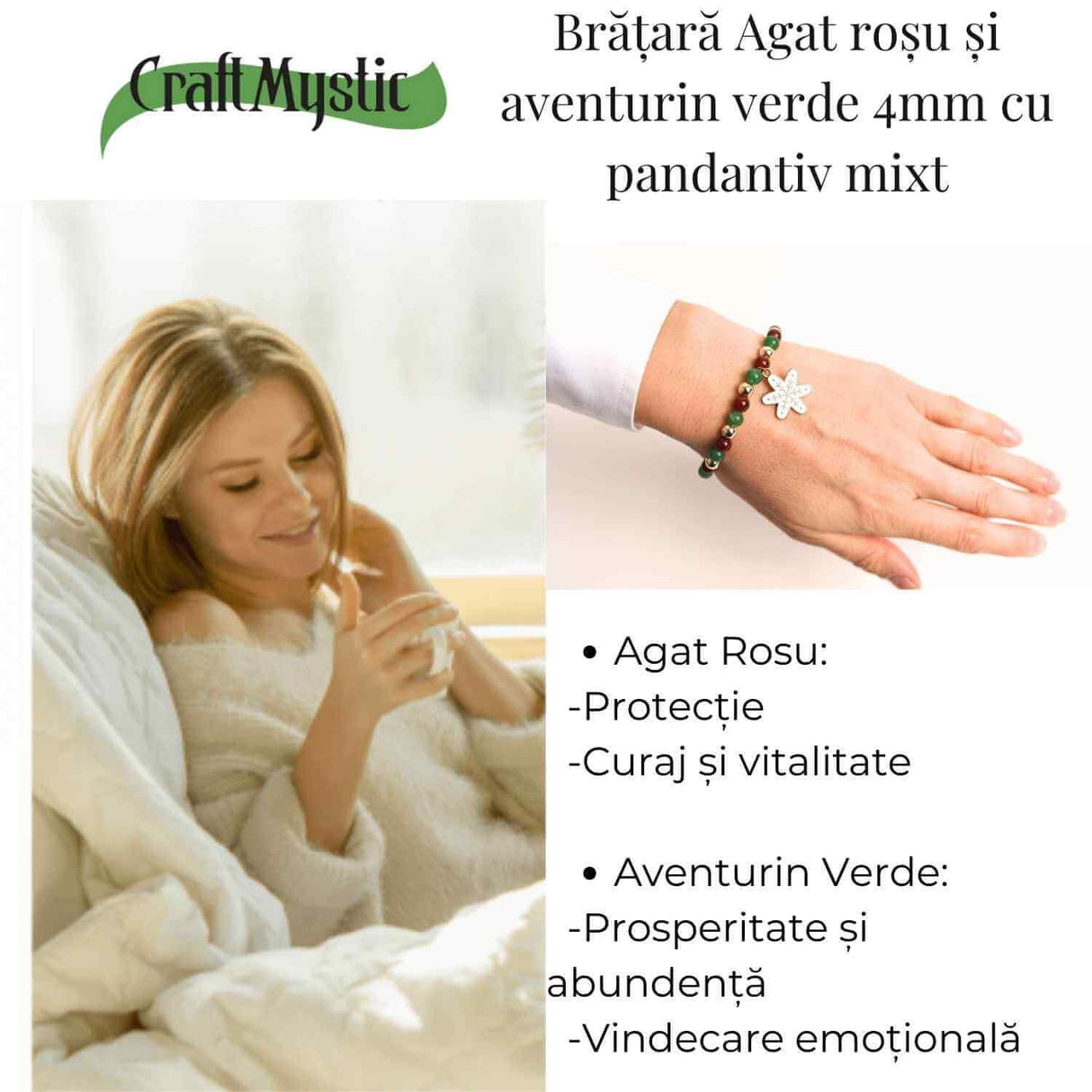 Bratara Agat rosu si aventurin verde 4mm cu accesoriu mixt - echilibru si noroc
