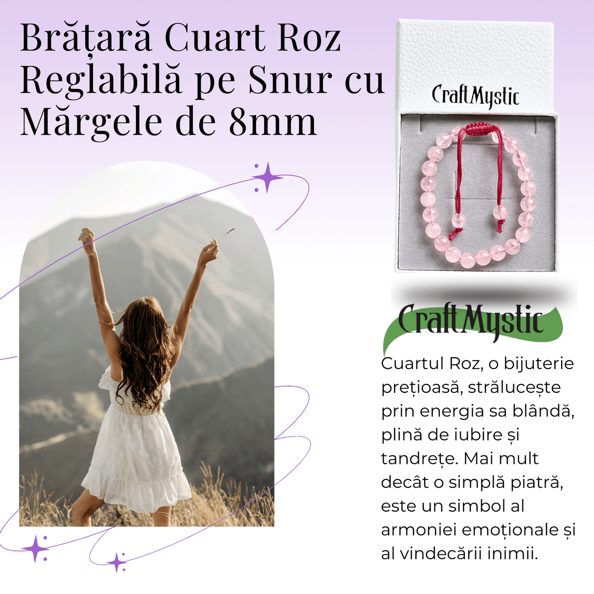 Bratara Simpla Reglabila din Cuart Roz Natural - Armonie Pura