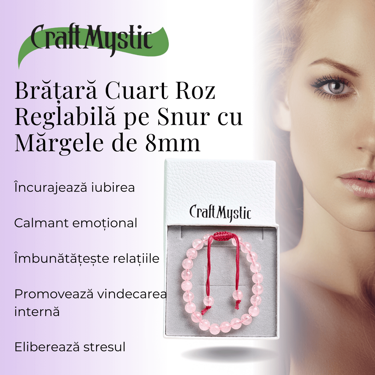 Bratara Simpla Reglabila din Cuart Roz Natural - Armonie Pura