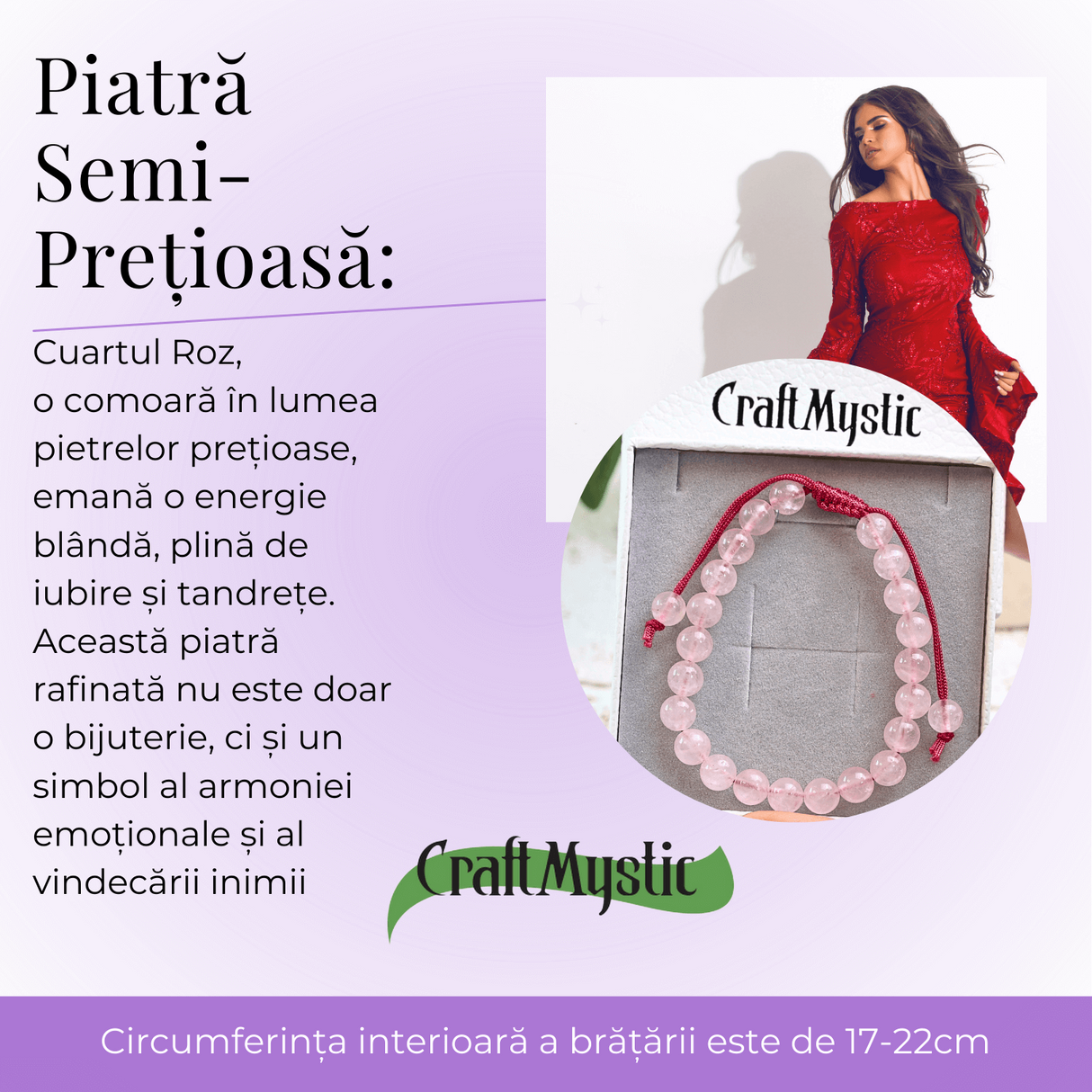 Bratara Simpla Reglabila din Cuart Roz Natural - Armonie Pura