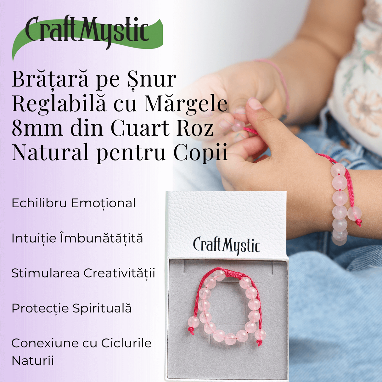 Bratara Cuart Roz 8mm pentru Copii, ajustabila - Echilibru și Afecțiune