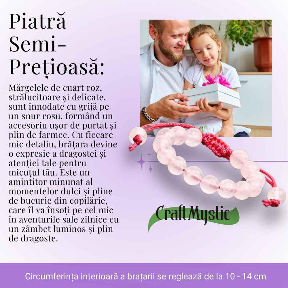 Bratara Cuart Roz 8mm pentru Copii, ajustabila - Echilibru și Afecțiune