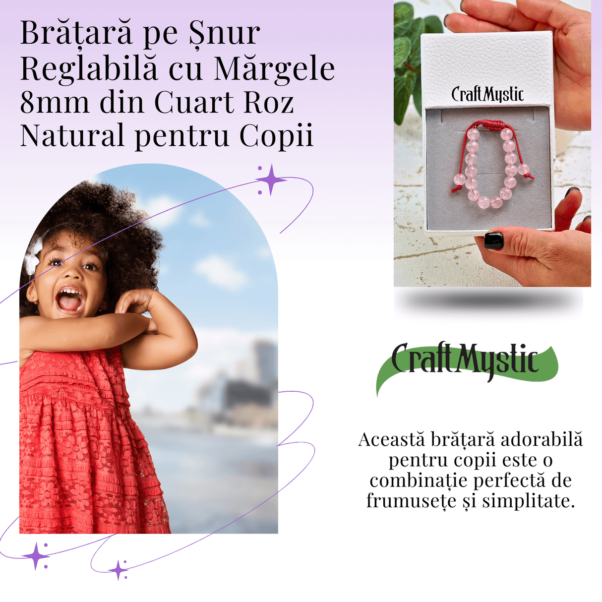 Bratara Cuart Roz 8mm pentru Copii, ajustabila - Echilibru și Afecțiune
