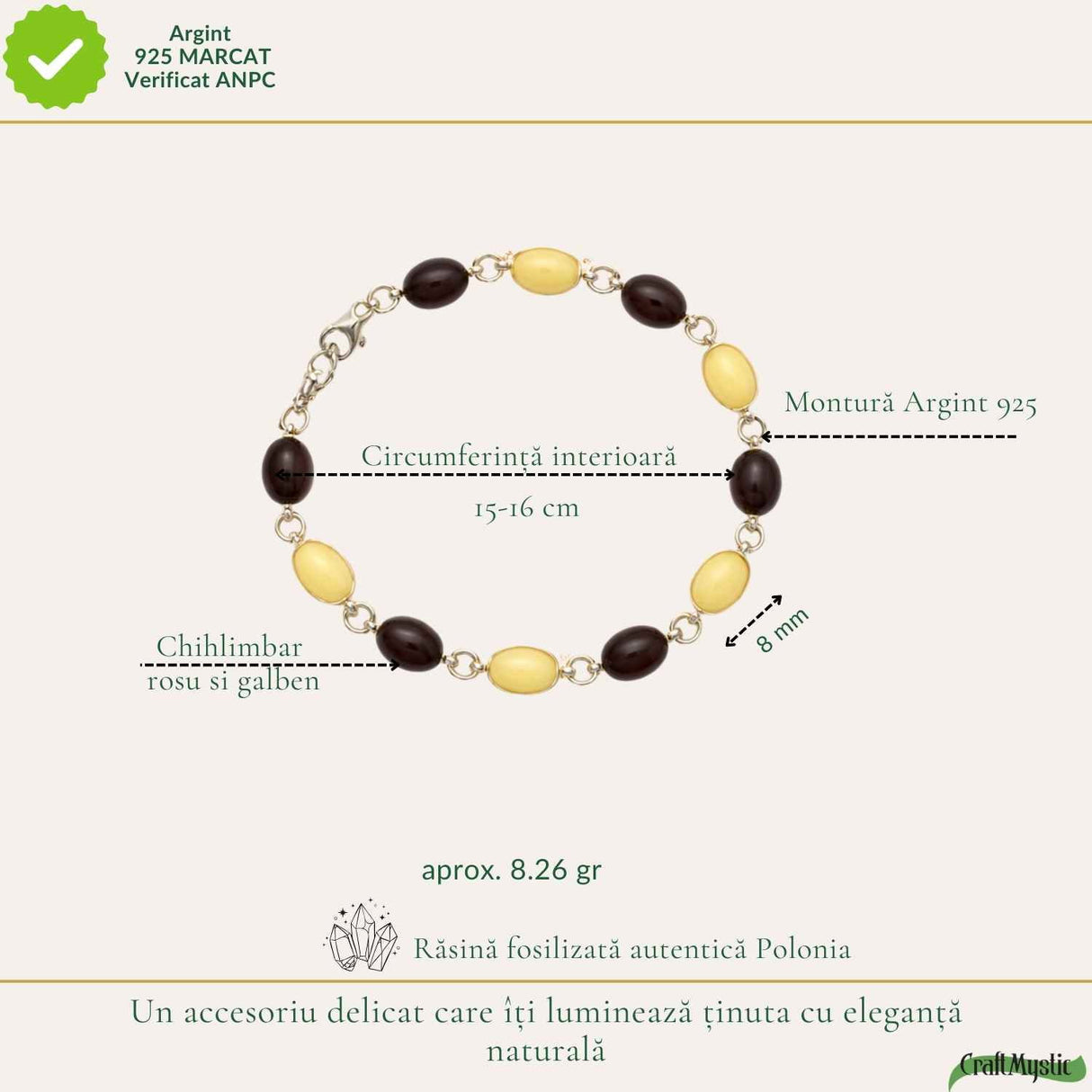 Bratara Argint 925 cu Chihlimbar Oval Galben si Rosu - Energie si Caldura