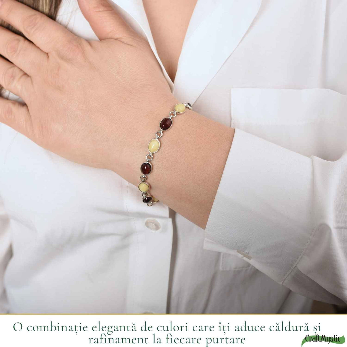 Bratara Argint 925 cu Chihlimbar Oval Galben si Rosu - Energie si Caldura