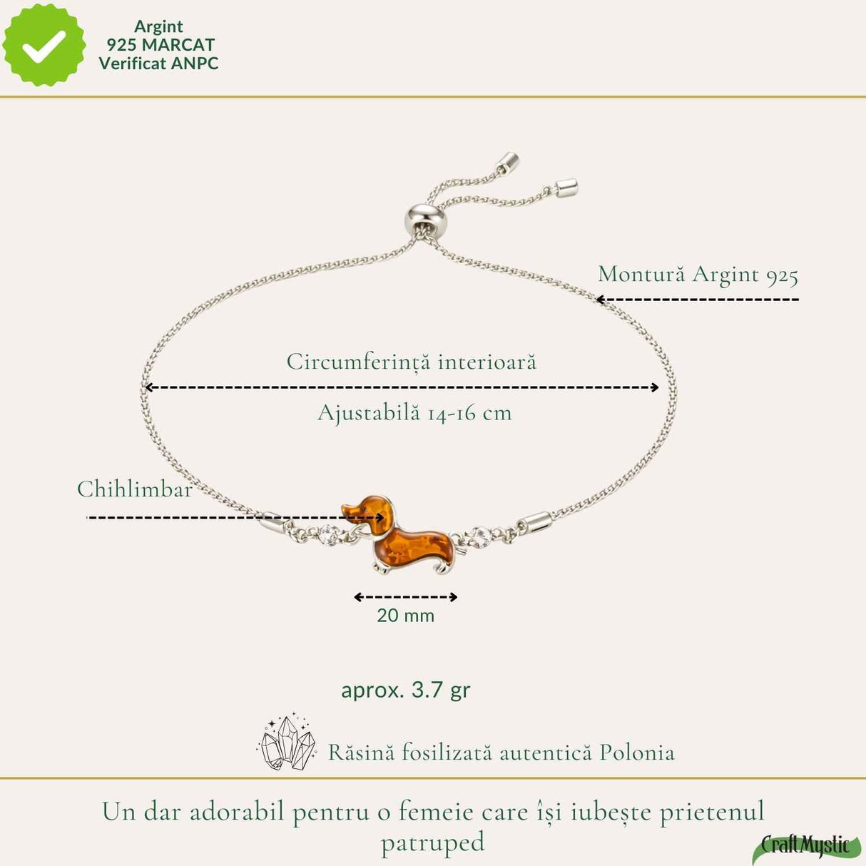 Bratara Argint 925 Catel Teckel cu Chihlimbar Natural - Bucurie si Loialitate