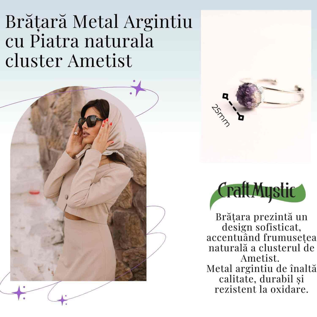 Bratara argintie cu piatra naturala cluster Ametist pentru Claritate si Relaxare