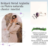 Bratara argintie cu piatra naturala cluster Ametist pentru Claritate si Relaxare
