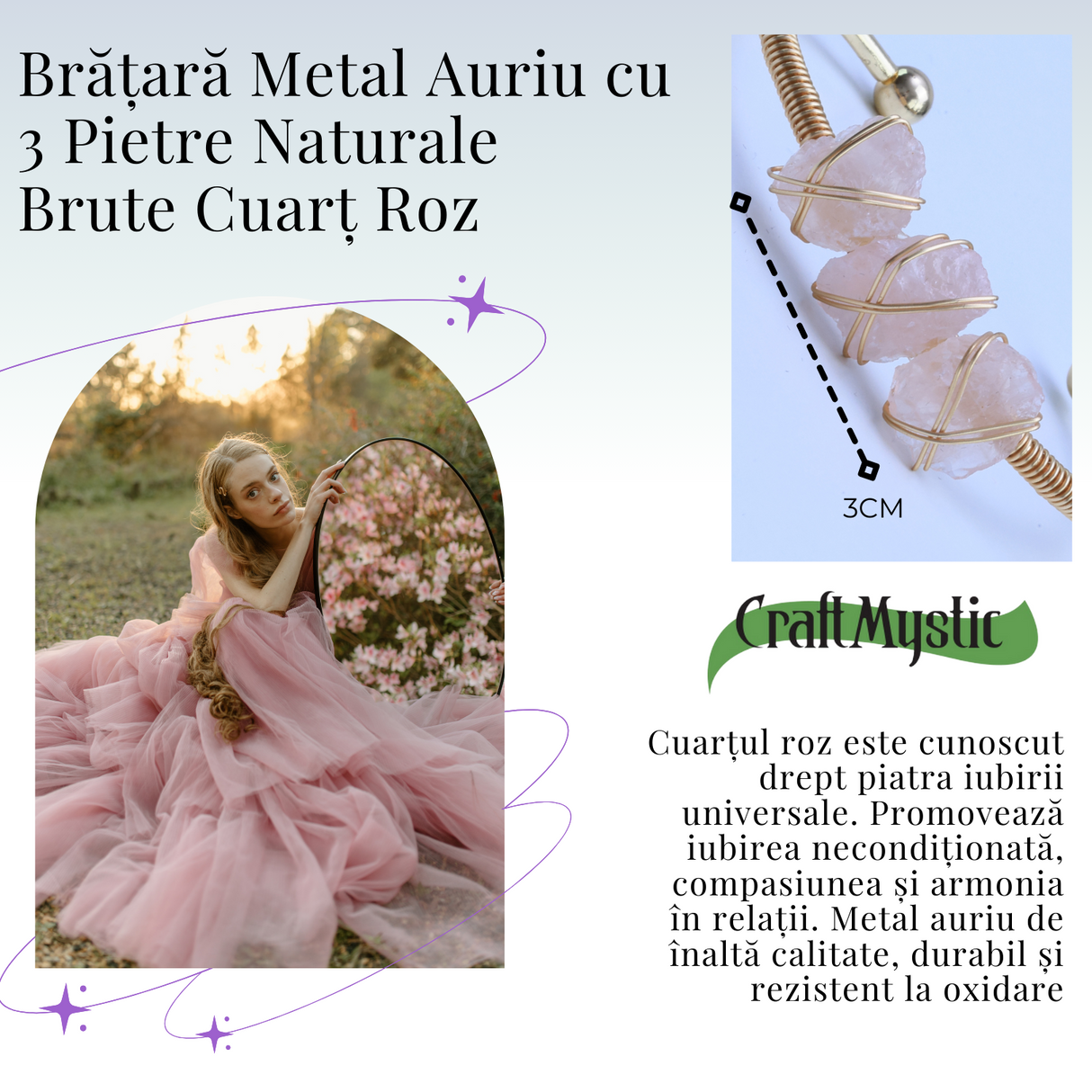 Bratara aurie cu 3 pietre Cuart Roz - Iubire si armonie