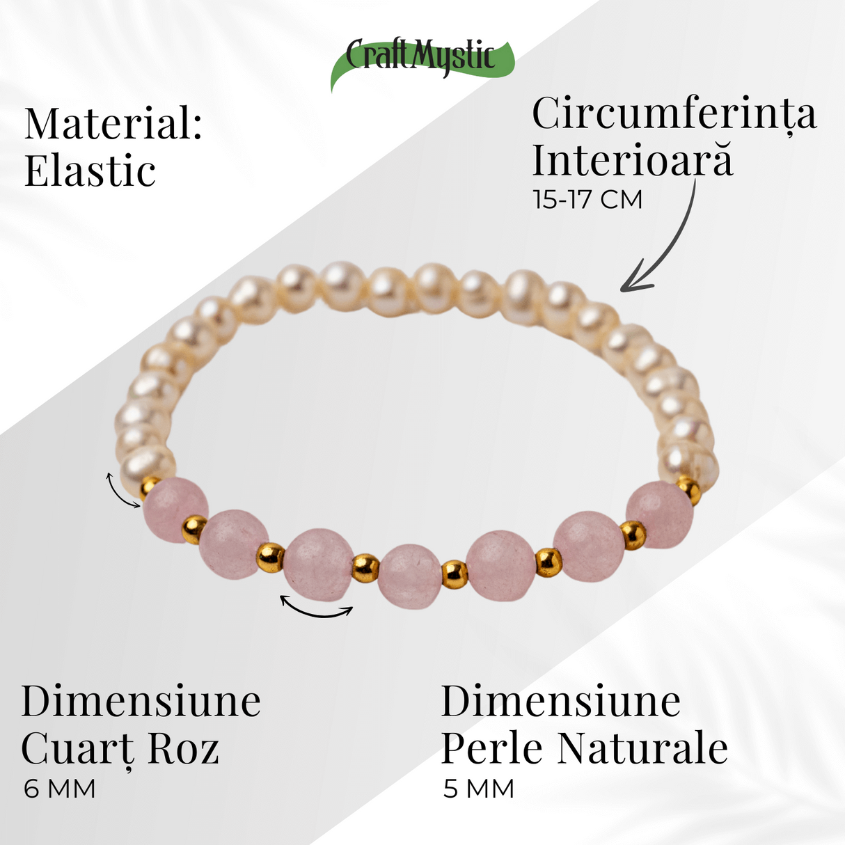 Bratara Cuart Roz si Perle Naturale - Iubire Blânda, Feminitate si Armonie Delicata