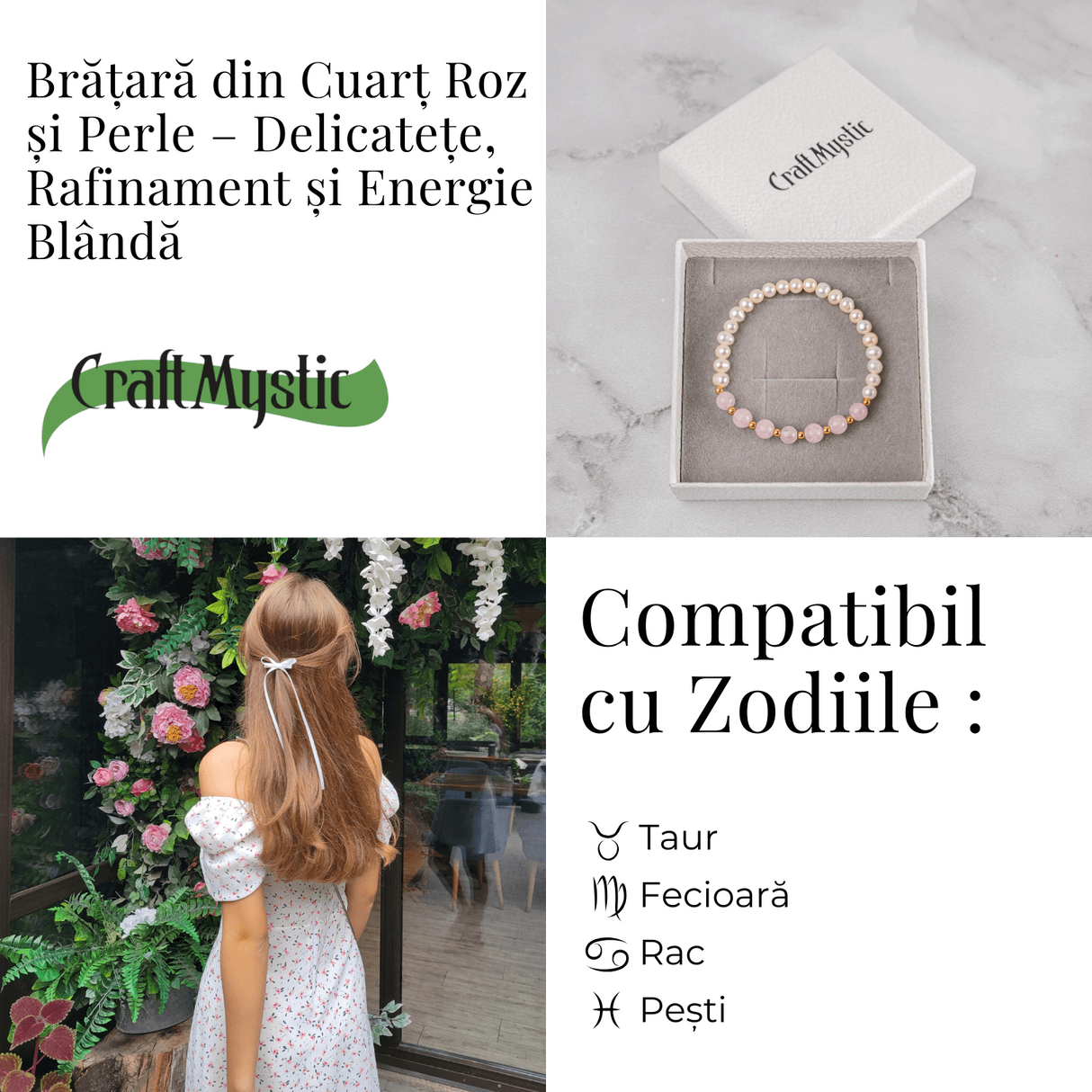 Bratara Cuart Roz si Perle Naturale - Iubire Blânda, Feminitate si Armonie Delicata