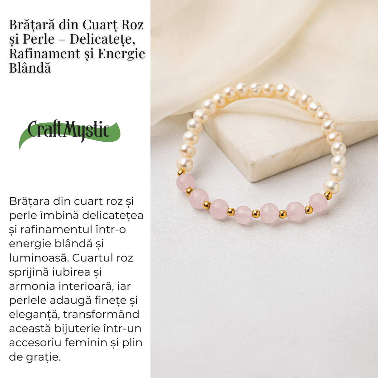 Bratara Cuart Roz si Perle Naturale - Iubire Blânda, Feminitate si Armonie Delicata