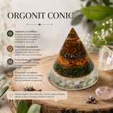 Orgonit Conic cu Ochi de Tigru, Pirita, Citrin, Aventurin Verde si Selenit – Echilibru si Prosperitate