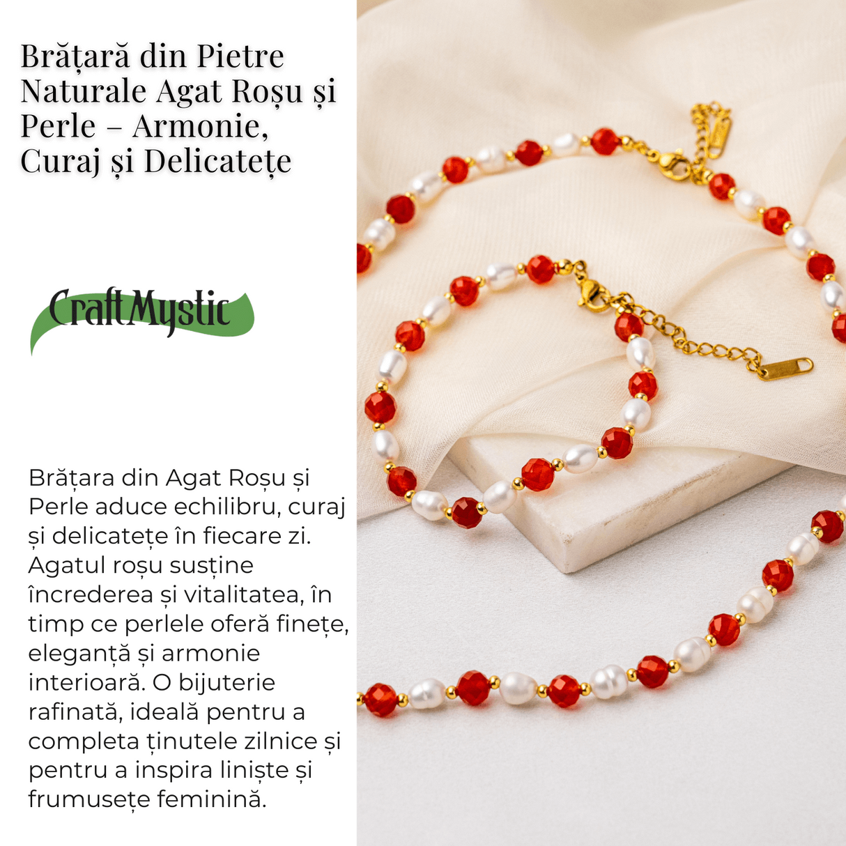 Bratara Agat Rosu si Perle Naturale - Energie, Eleganta si Armonie Feminina