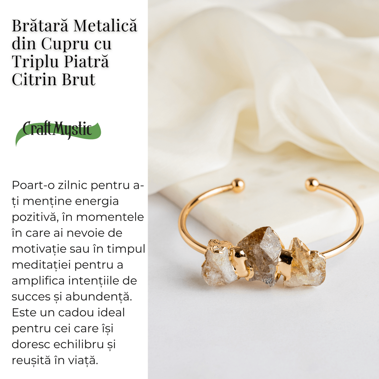 Bratara Aurie cu Triplu Citrin Brut - Energie Pozitiva & Prosperitate