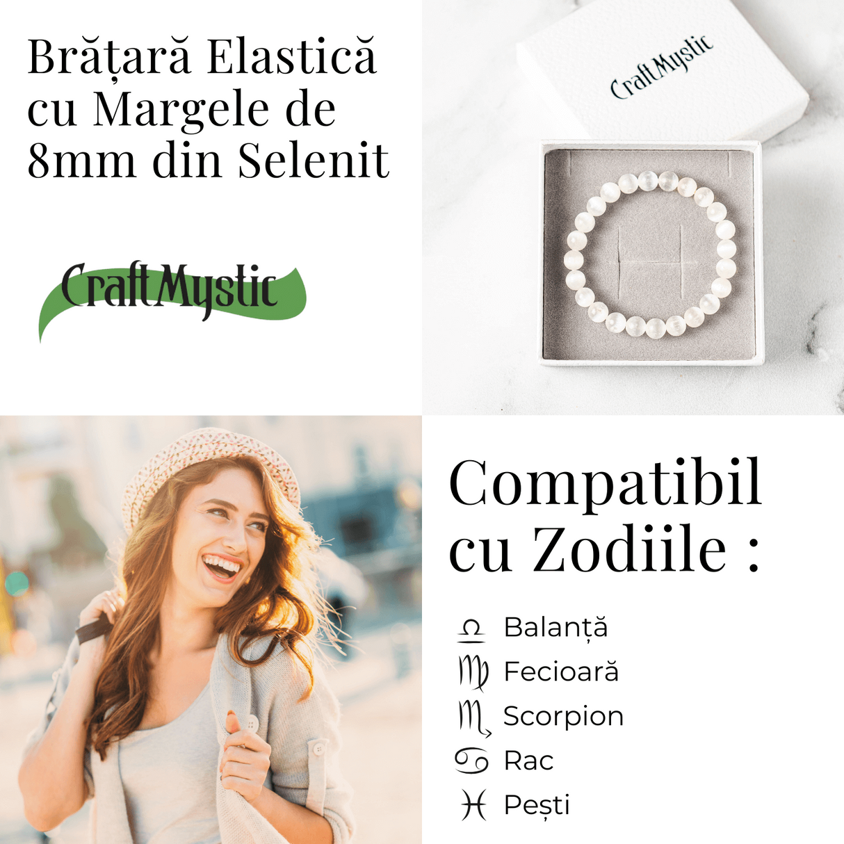 Bratara din Selenit Natural 8mm - Echilibru si Claritate