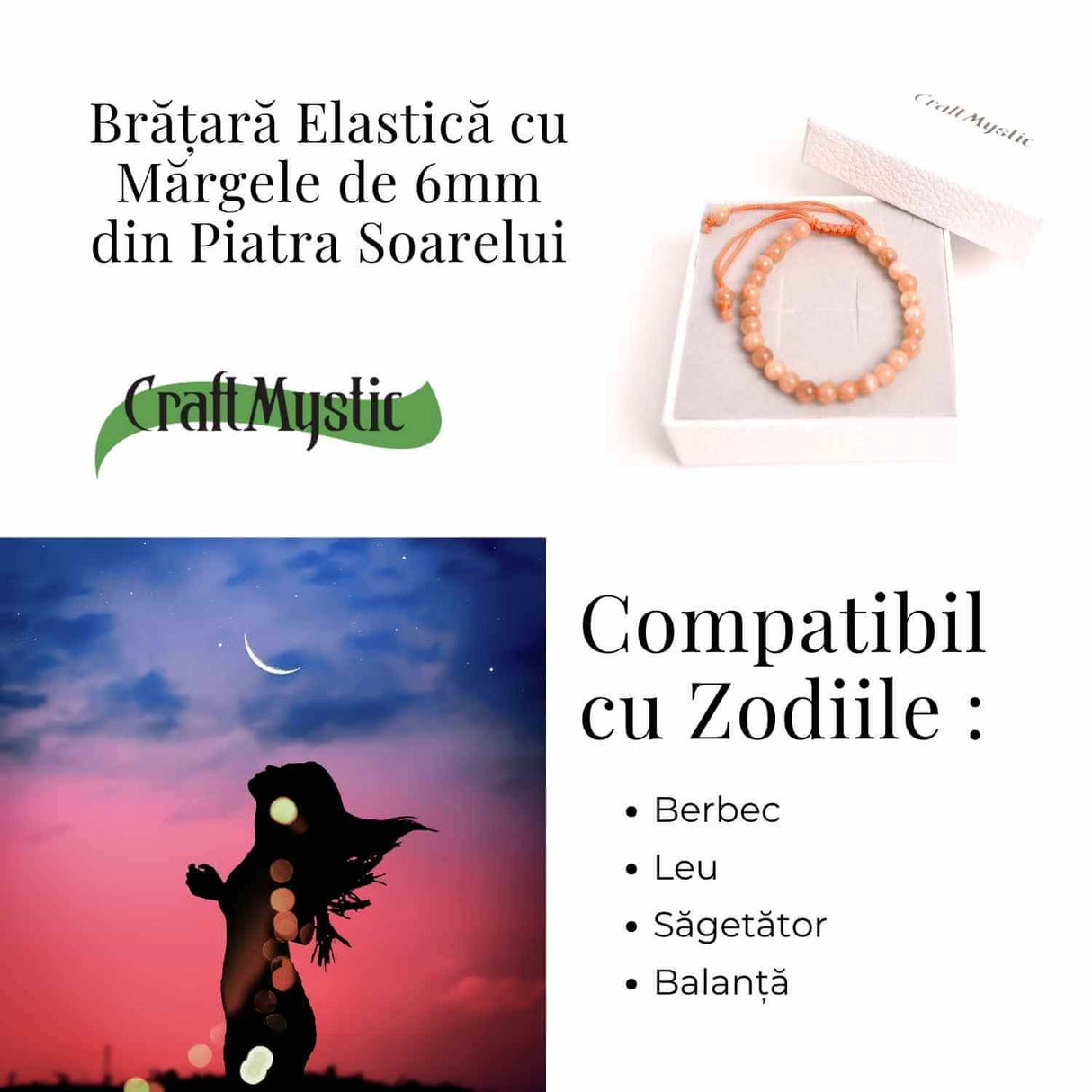 Bratara cu piatra soarelui 6mm ajustabila - Incredere si Energie