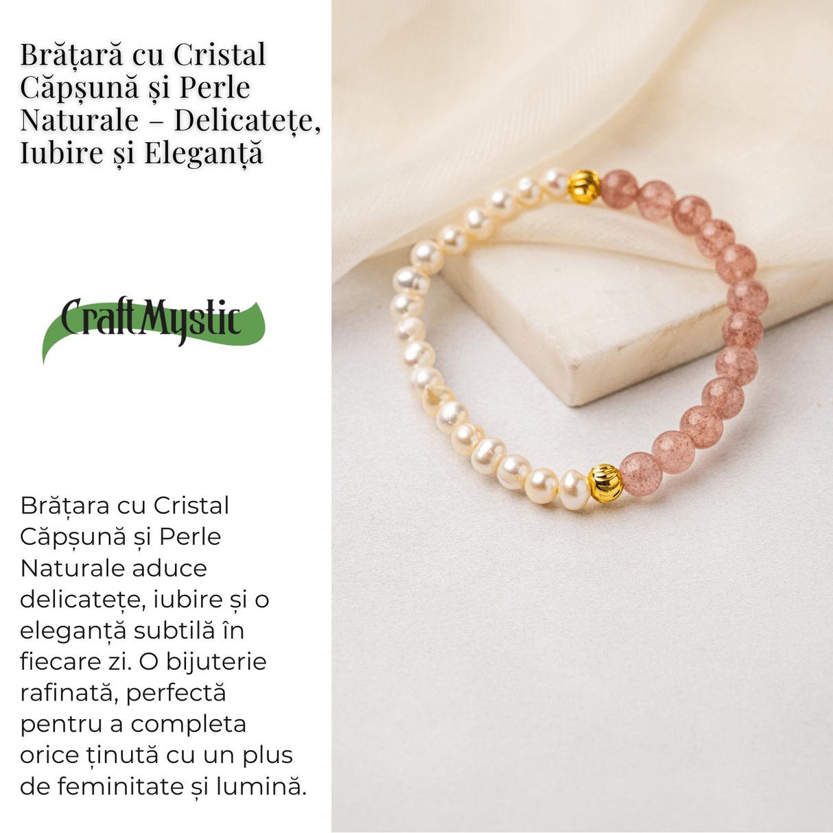 Bratara cu Cristal Capsuna si Perle Naturale - Delicatețe, Feminitate si Lumina Interioara