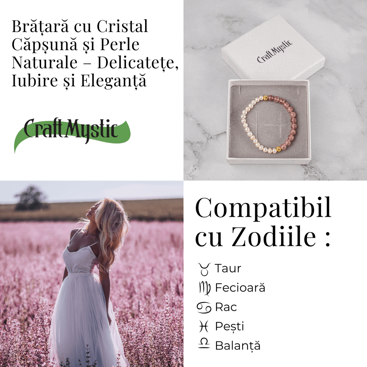Bratara cu Cristal Capsuna si Perle Naturale - Delicatețe, Feminitate si Lumina Interioara