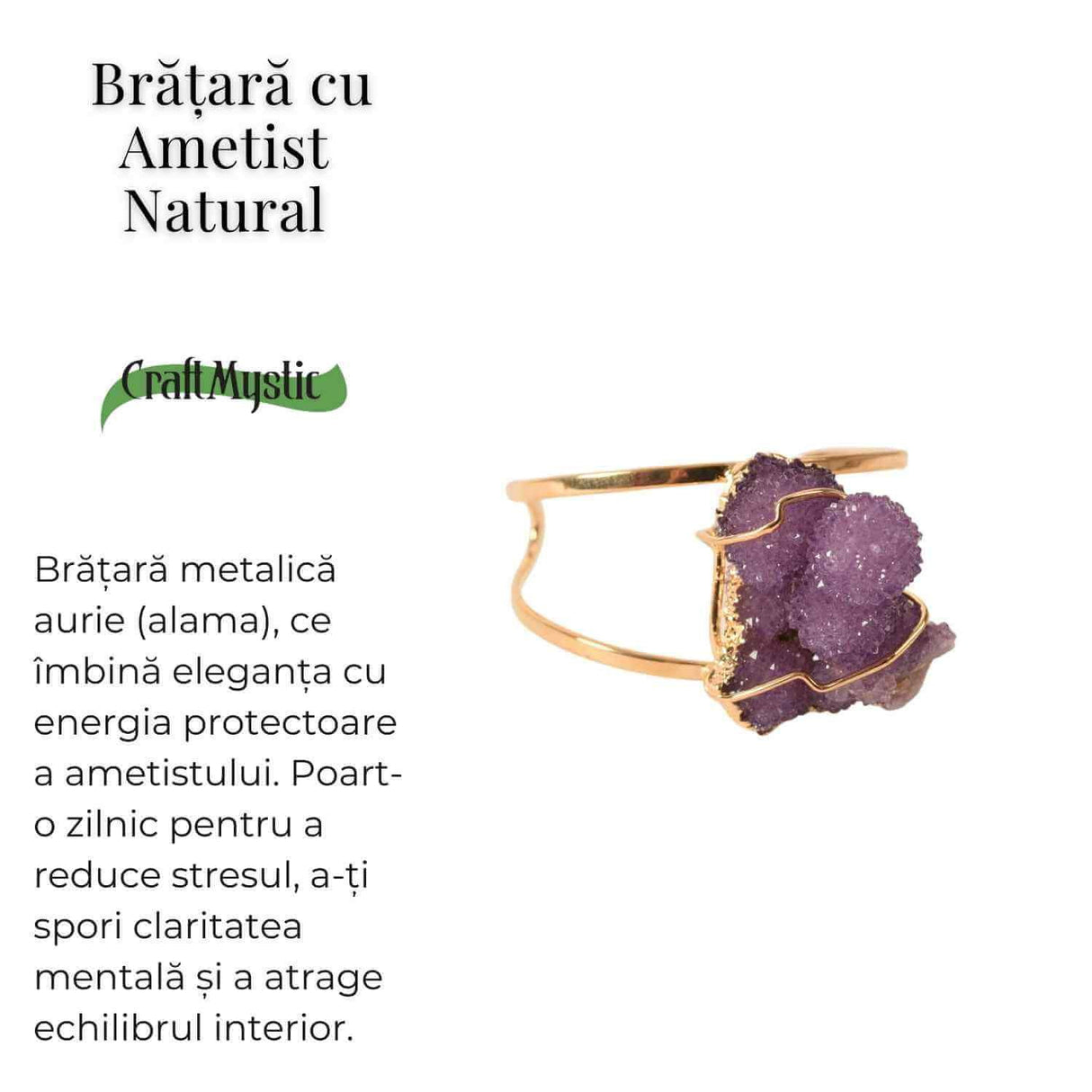 Bratara Aurie cu Ametist Natural Brut - Calm Interior si Claritate Mentala