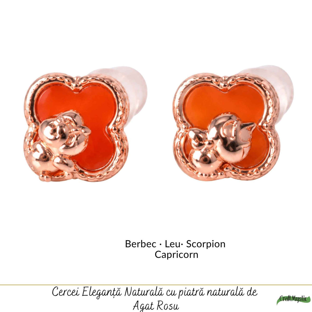 Cercei Argint 925 cu Agat Rosu Natural in Forma de Trifoi si Calut – Noroc, Curaj si Eleganta