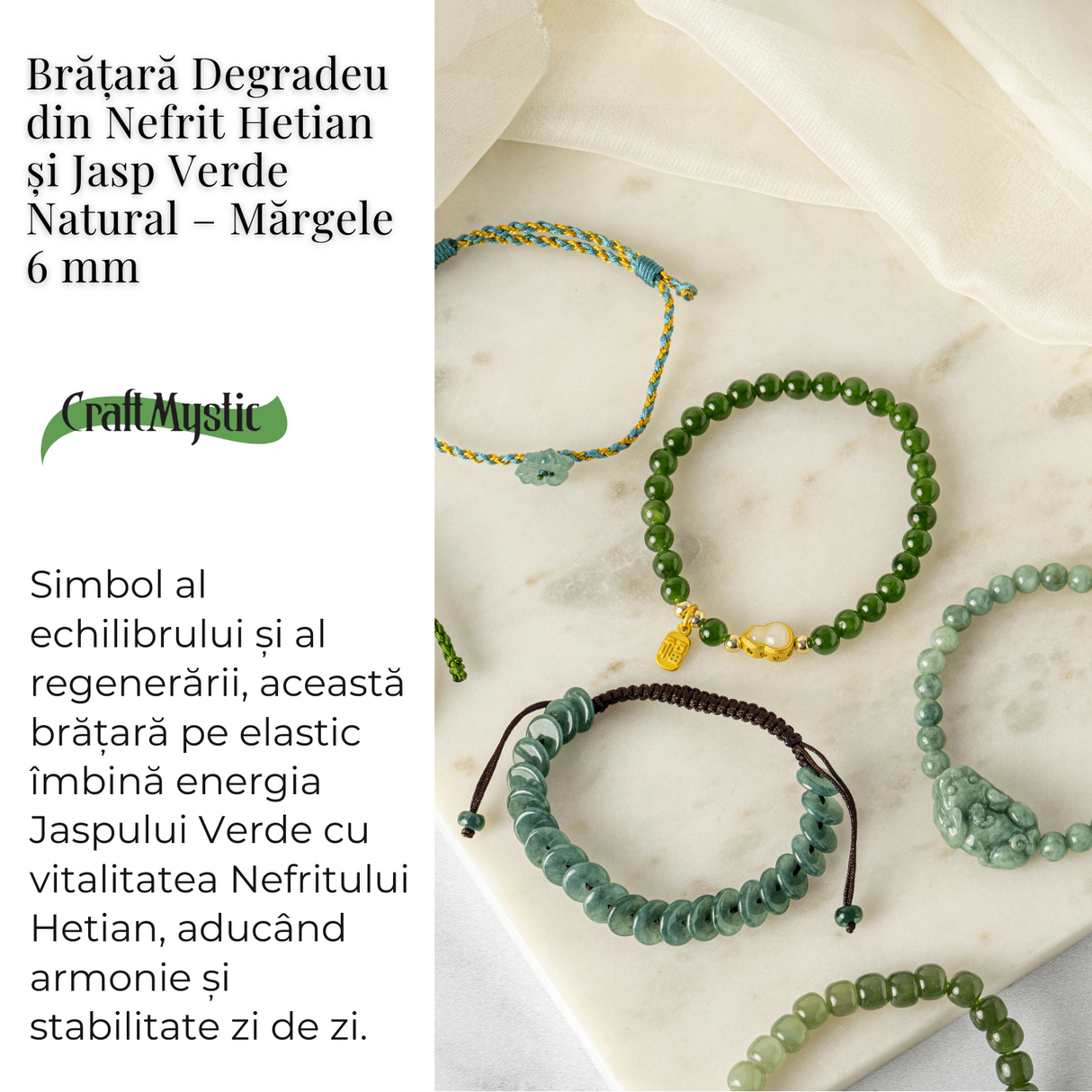 Bratara elastic din jasp verde natural si nefrid hetian - echilibru si vitalitate