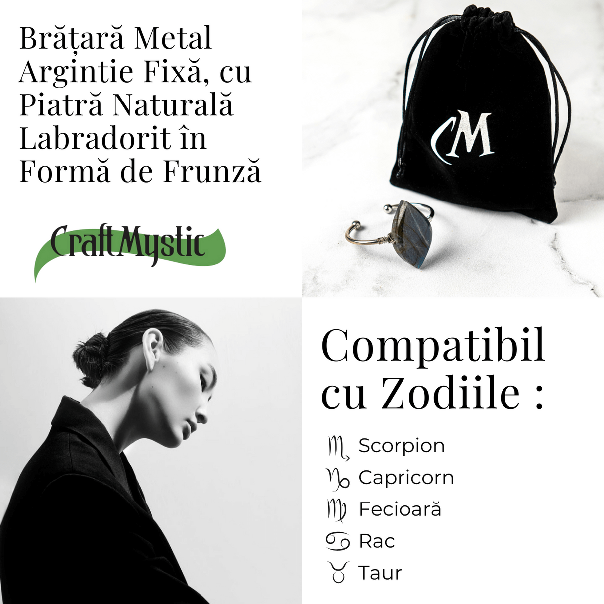 Bratara Fixa Argintie cu Labradorit Frunza - Intuitie si Protectie