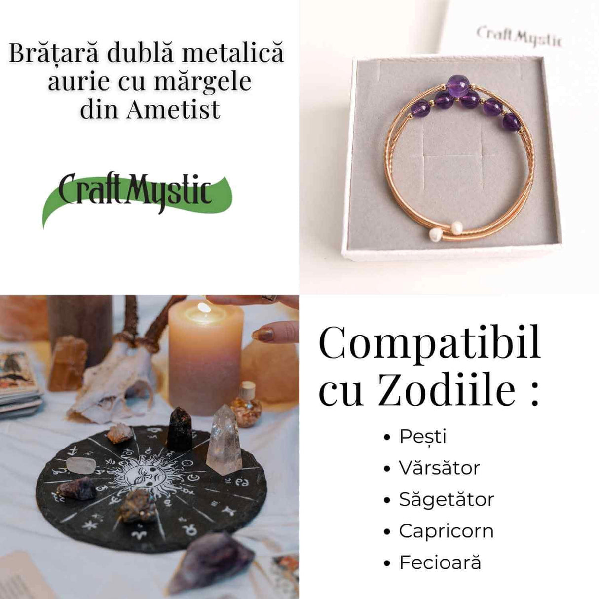 Bratara dubla metalica aurie si Cuart Roz natural pentru calm si claritate mentala