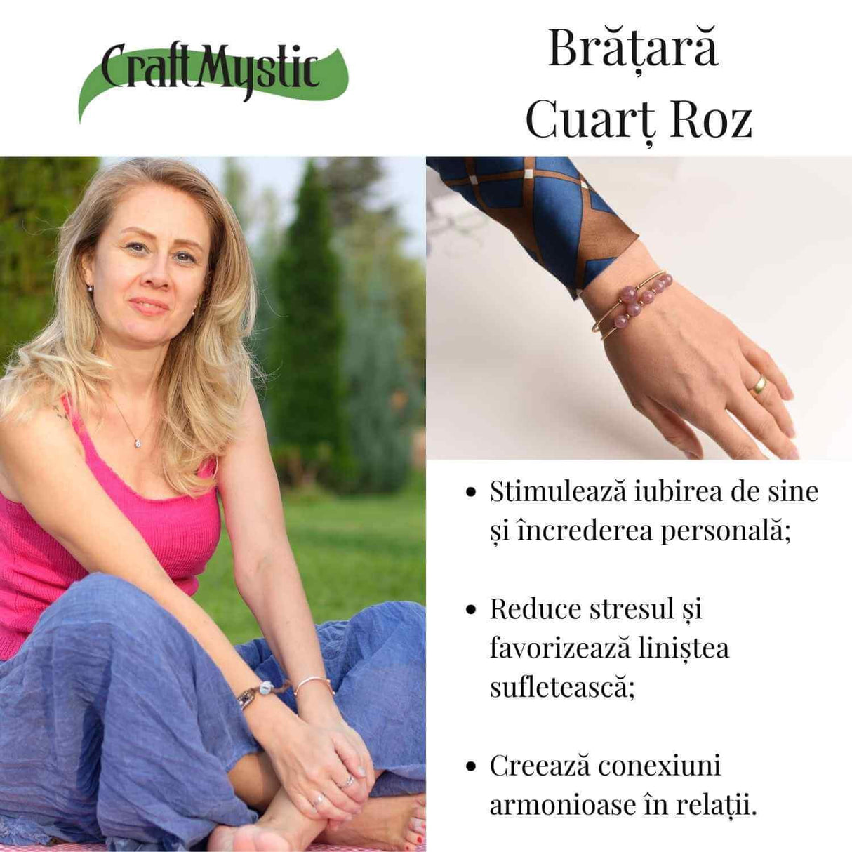 Bratara dubla metalica aurie si Cuart Roz natural pentru calm si claritate mentala