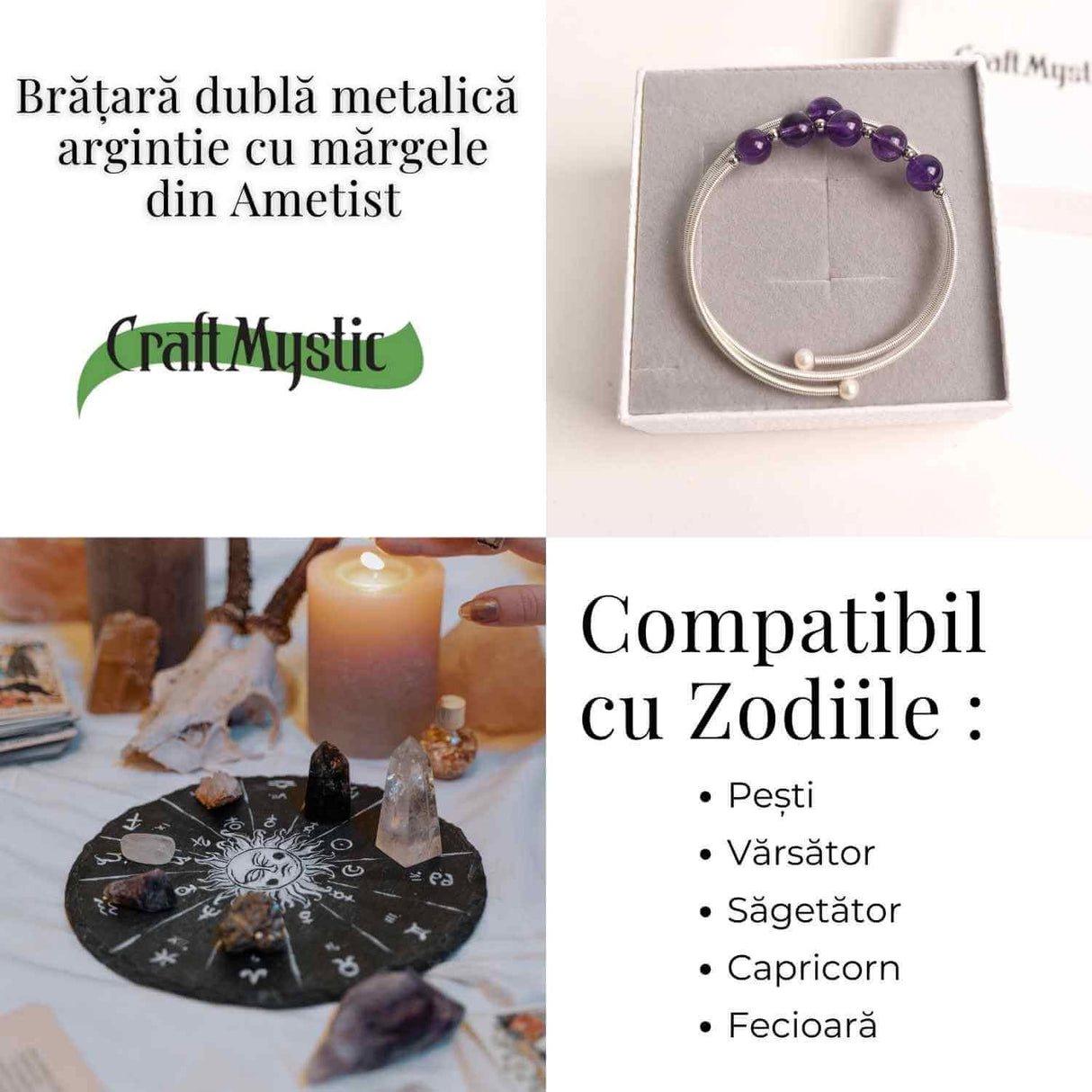 Bratara dubla metalica argintie cu ametist natural pentru calm si claritate mentala