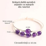 Bratara dubla metalica argintie cu ametist natural pentru calm si claritate mentala