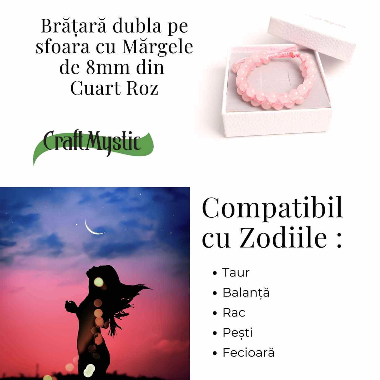 Bratara Dubla Reglabila din Cuart Roz 8mm - Iubire și Armonie