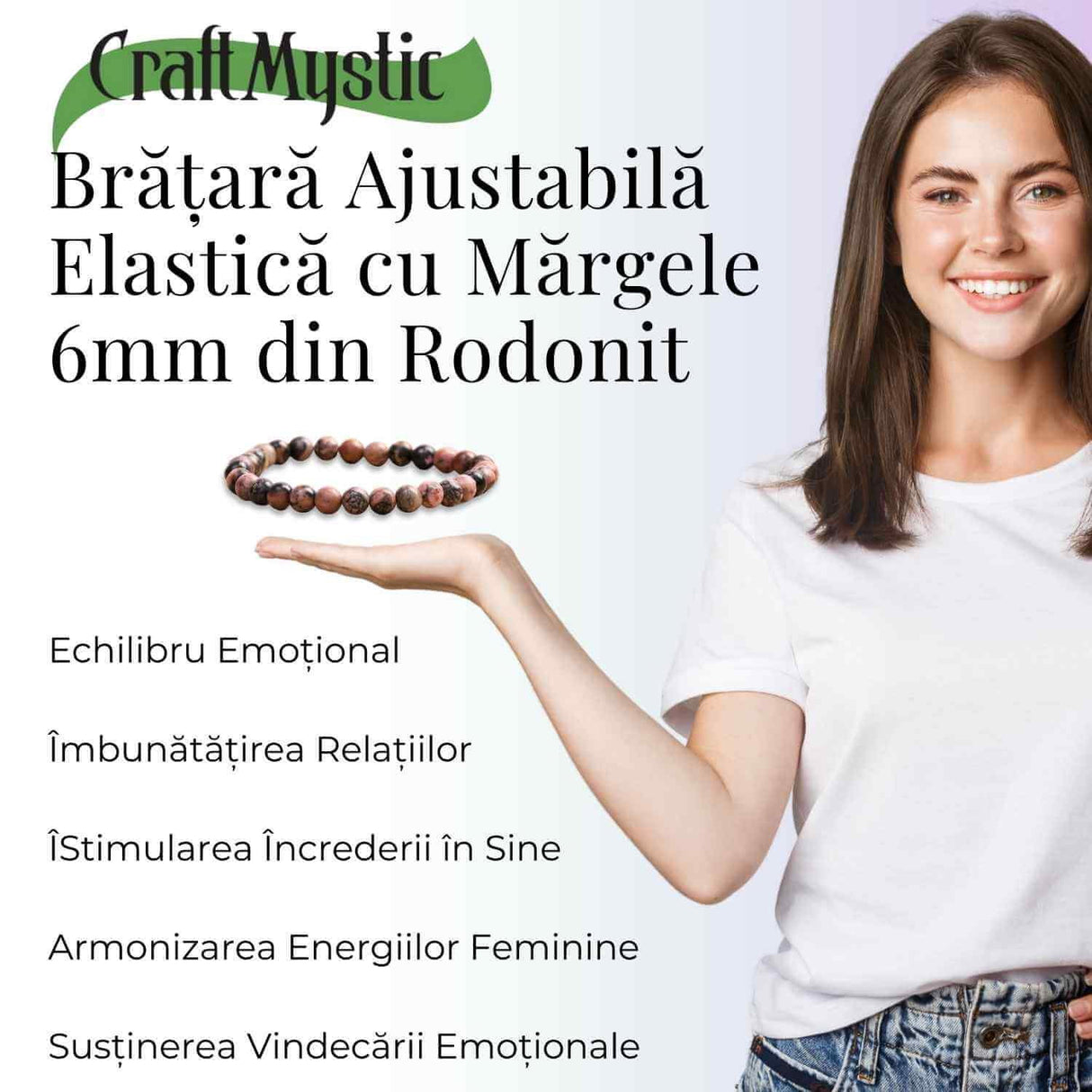 Bratara Elastica cu Margele 6mm din Rodonit -Vindecare Emotionala si Echilibru
