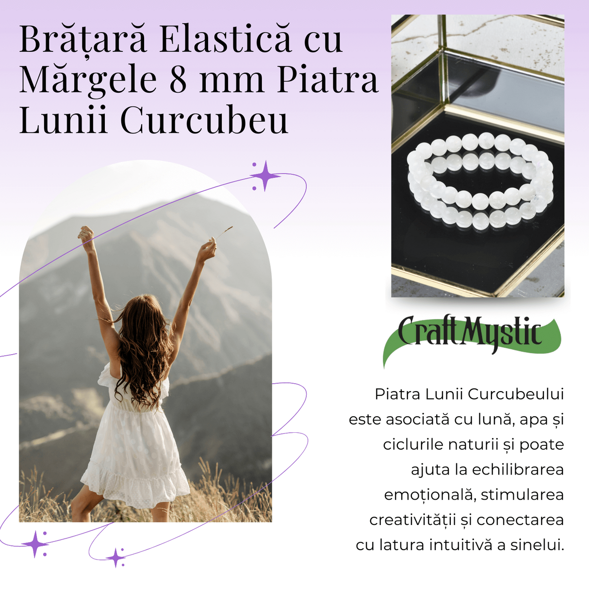 Bratara Elastica cu Margele 8mm din Piatra Lunii Curcubeu - Magie si Femininitate