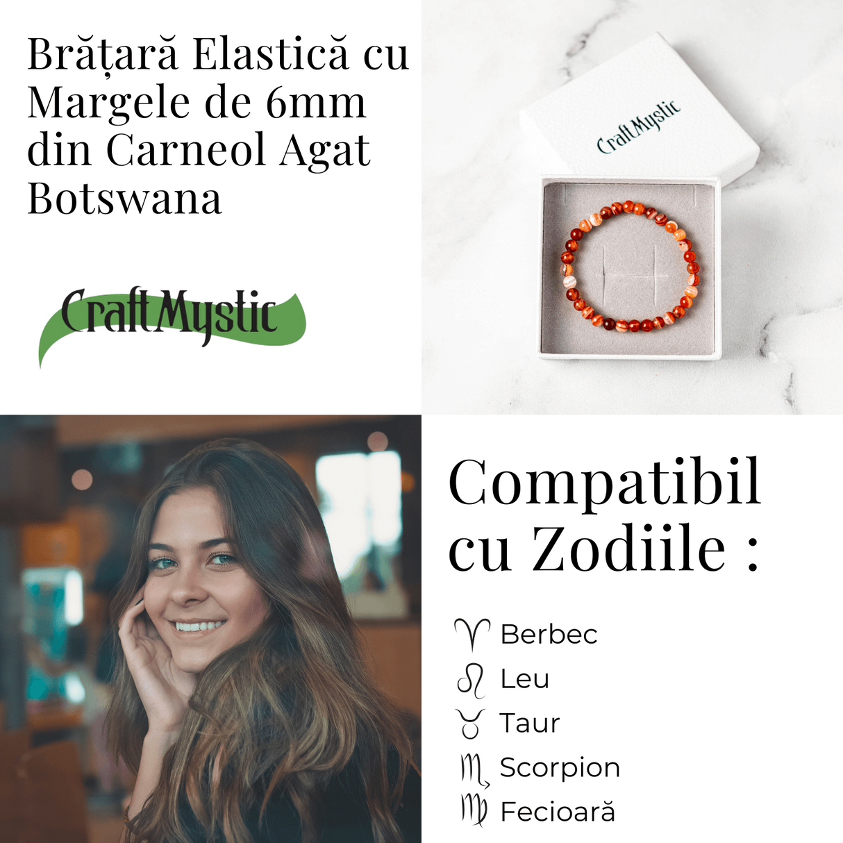 Bratara elastica cu margele 6mm de Carneol Agat Botswana - Energie si Vitalitate