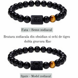 Bratara zodie Berbec din pietre naturale 8mm Obsidian si Ochi de Tigru pentru barbati cu cele 12 constelatii - Include dubla gravura cu semn zodiacala specifica