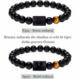 Bratara zodie Berbec din pietre naturale 8mm Obsidian si Ochi de Tigru pentru barbati cu cele 12 constelatii - Include dubla gravura cu semn zodiacala specifica