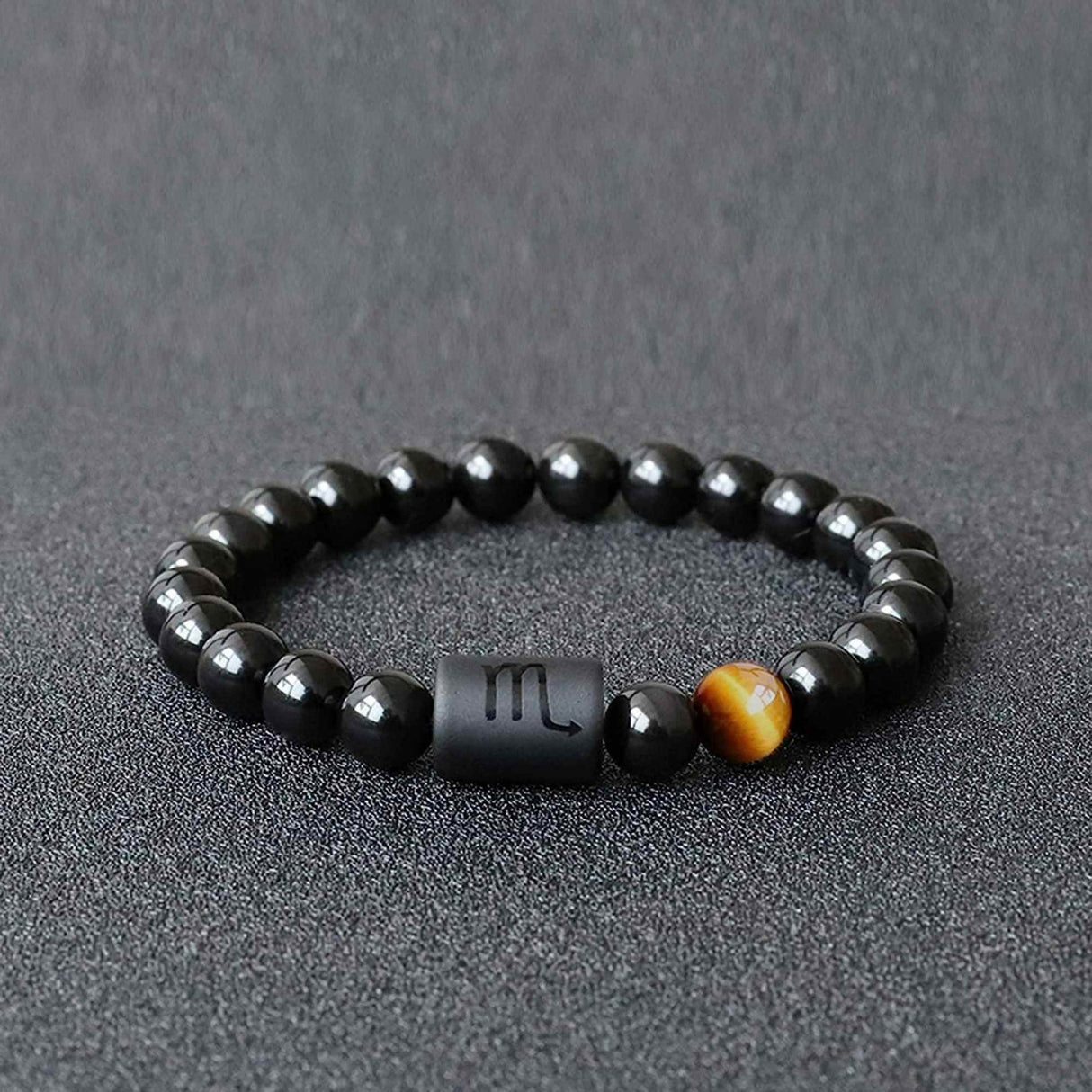 Bratara zodie Berbec din pietre naturale 8mm Obsidian si Ochi de Tigru pentru barbati cu cele 12 constelatii - Include dubla gravura cu semn zodiacala specifica