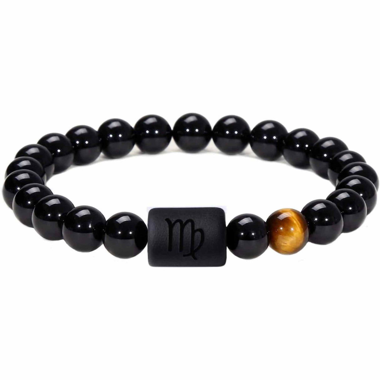 Bratara zodie Berbec din pietre naturale 8mm Obsidian si Ochi de Tigru pentru barbati cu cele 12 constelatii - Include dubla gravura cu semn zodiacala specifica
