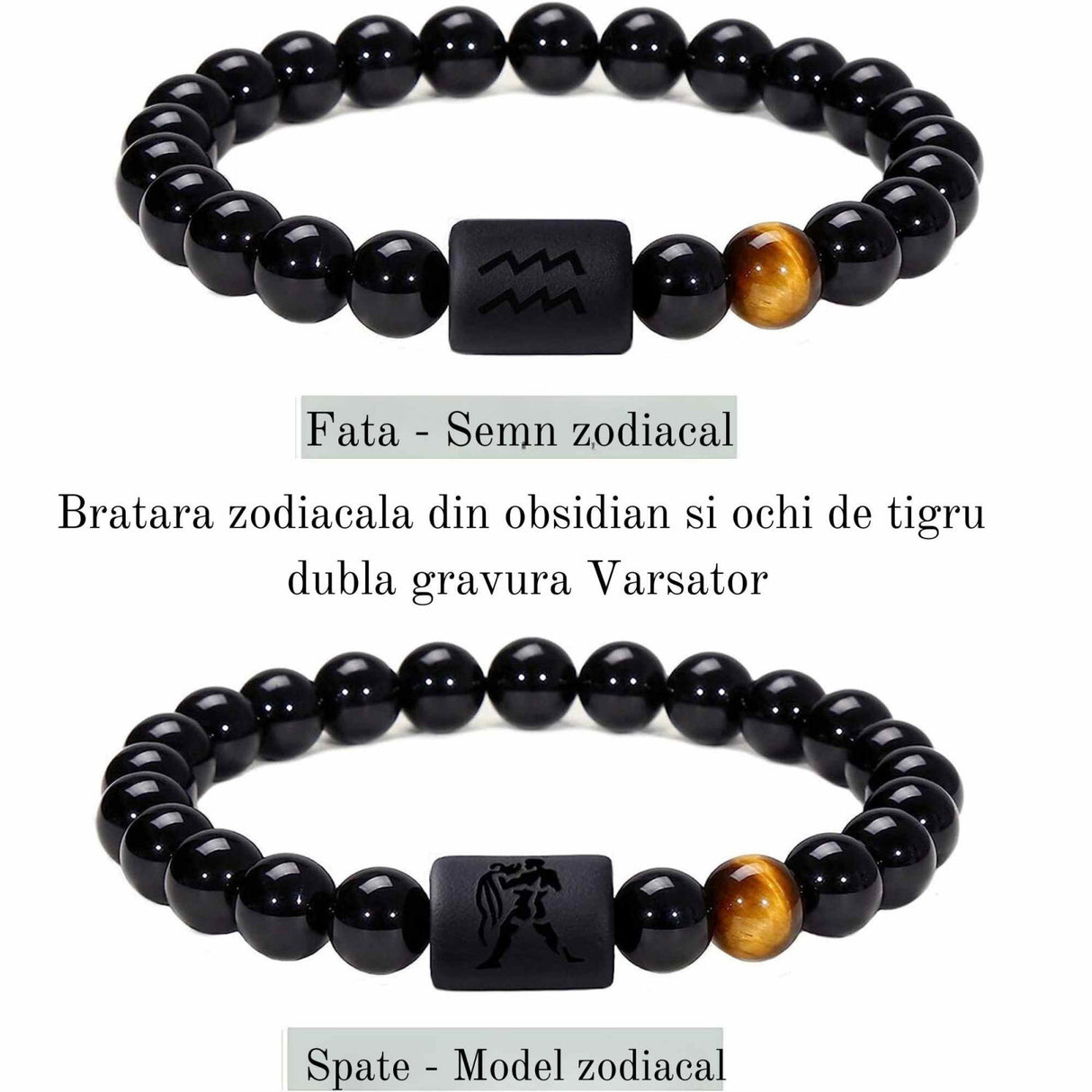 Bratara zodie Berbec din pietre naturale 8mm Obsidian si Ochi de Tigru pentru barbati cu cele 12 constelatii - Include dubla gravura cu semn zodiacala specifica