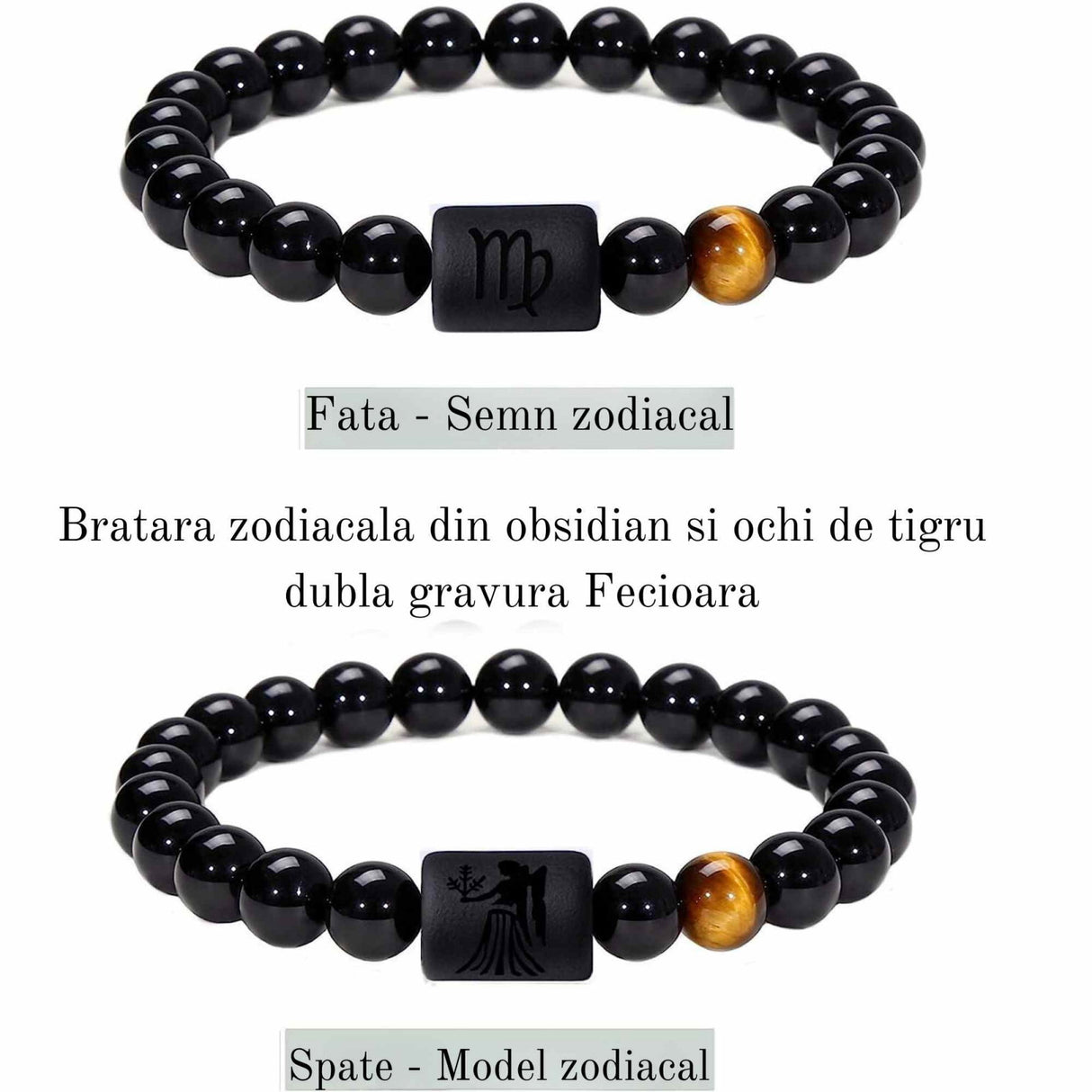 Bratara zodie Berbec din pietre naturale 8mm Obsidian si Ochi de Tigru pentru barbati cu cele 12 constelatii - Include dubla gravura cu semn zodiacala specifica