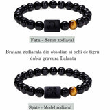 Bratara zodie Berbec din pietre naturale 8mm Obsidian si Ochi de Tigru pentru barbati cu cele 12 constelatii - Include dubla gravura cu semn zodiacala specifica