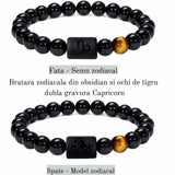 Bratara zodie Berbec din pietre naturale 8mm Obsidian si Ochi de Tigru pentru barbati cu cele 12 constelatii - Include dubla gravura cu semn zodiacala specifica