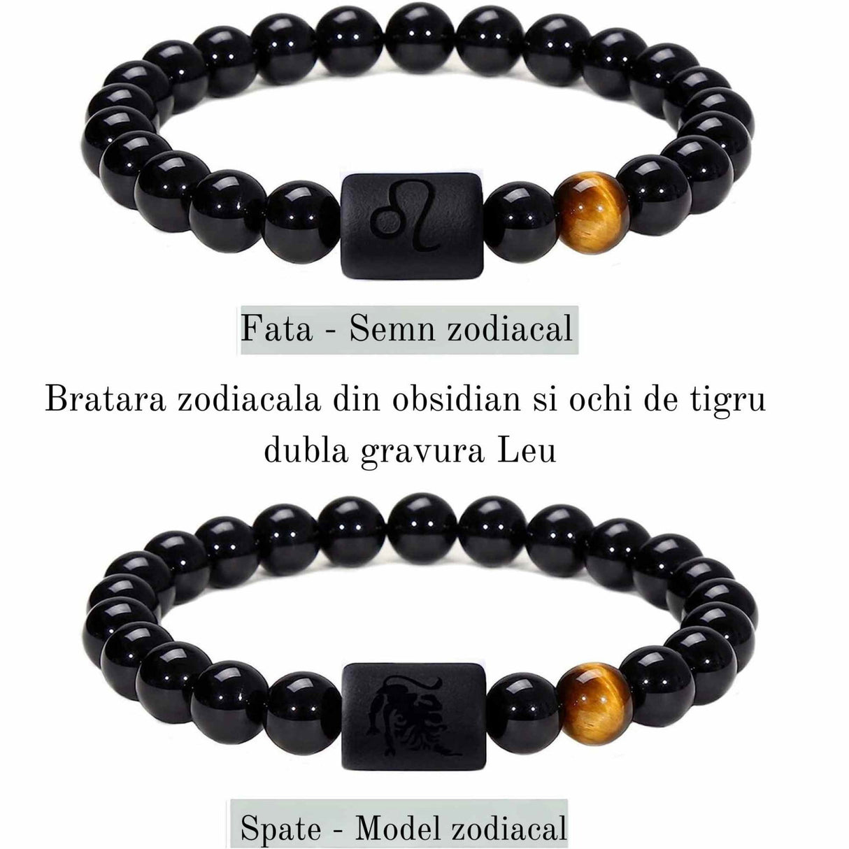 Bratara zodie Berbec din pietre naturale 8mm Obsidian si Ochi de Tigru pentru barbati cu cele 12 constelatii - Include dubla gravura cu semn zodiacala specifica