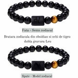 Bratara zodie Berbec din pietre naturale 8mm Obsidian si Ochi de Tigru pentru barbati cu cele 12 constelatii - Include dubla gravura cu semn zodiacala specifica