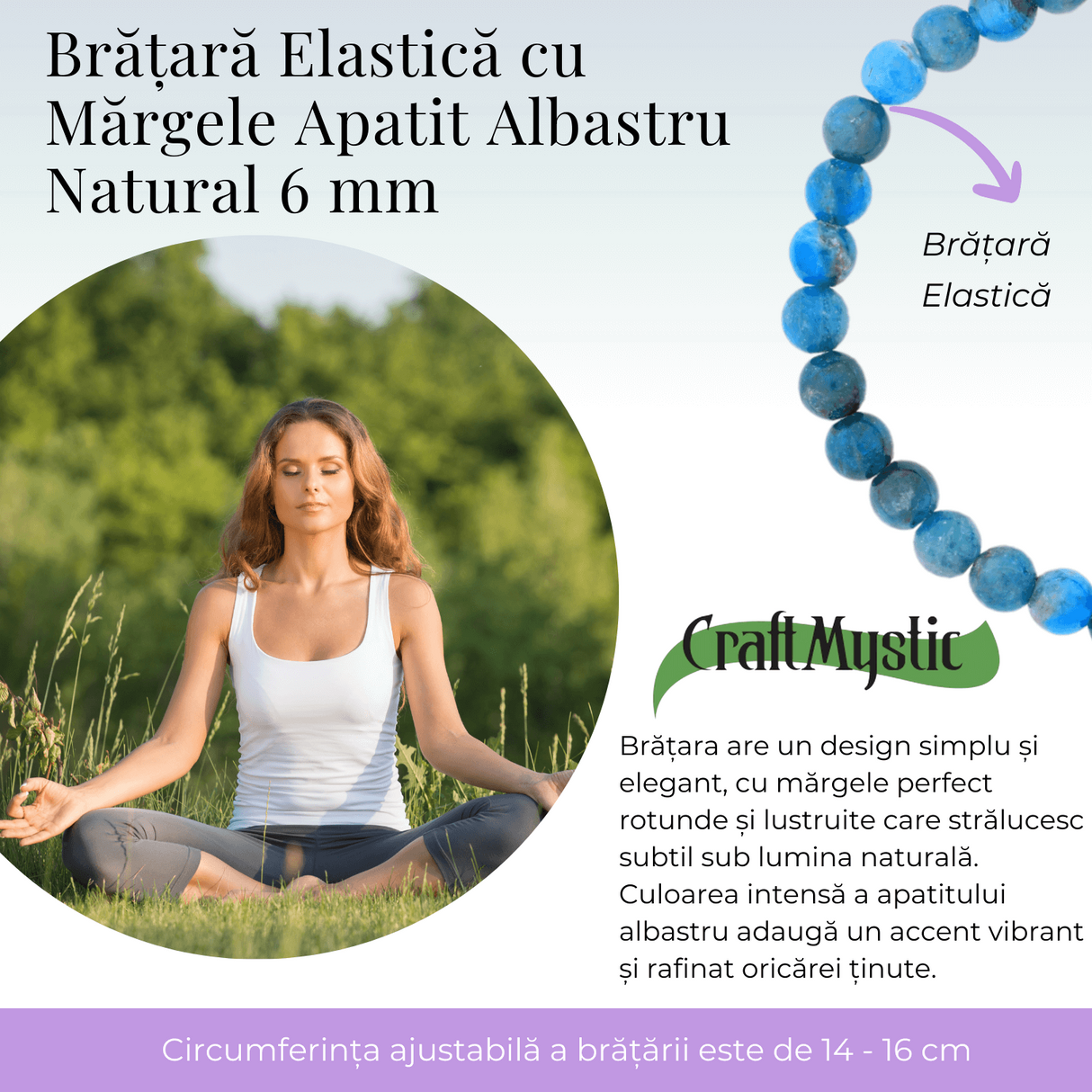 Bratara Elastica cu Margele Naturale de 6mm din Apatit Albastru