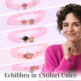 Bratara Elastica cu Margele din Cuart Roz de 8 mm si Pandantiv Sfera