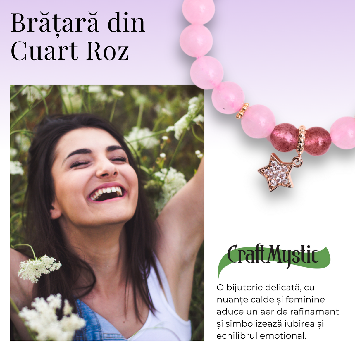 Bratara Elastica cu Margele din Cuart Roz de 8 mm, Pandantiv Sferic si Inimioara