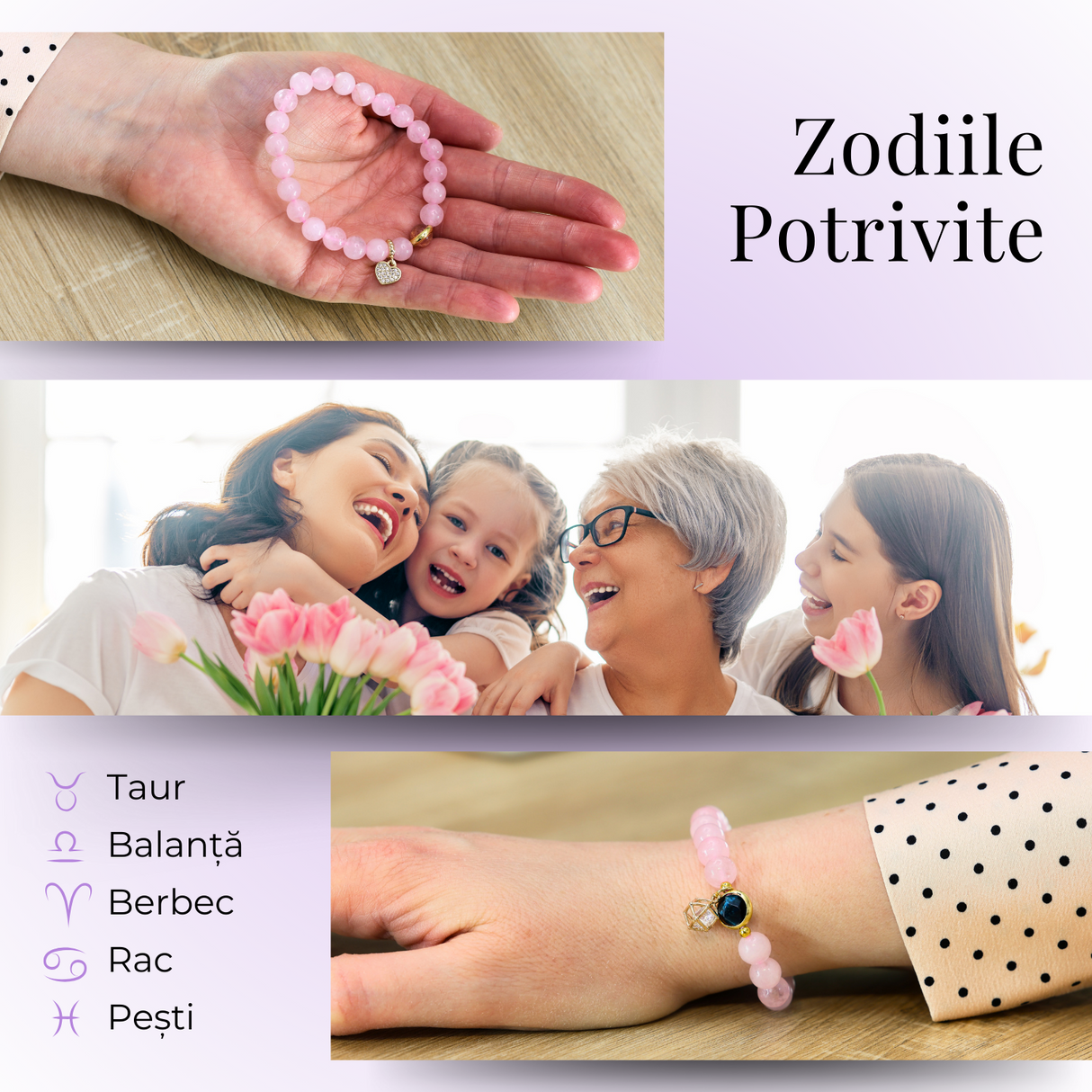 Bratara Elastica cu Margele din Cuart Roz de 8 mm, Pandantiv Sferic si Inimioara