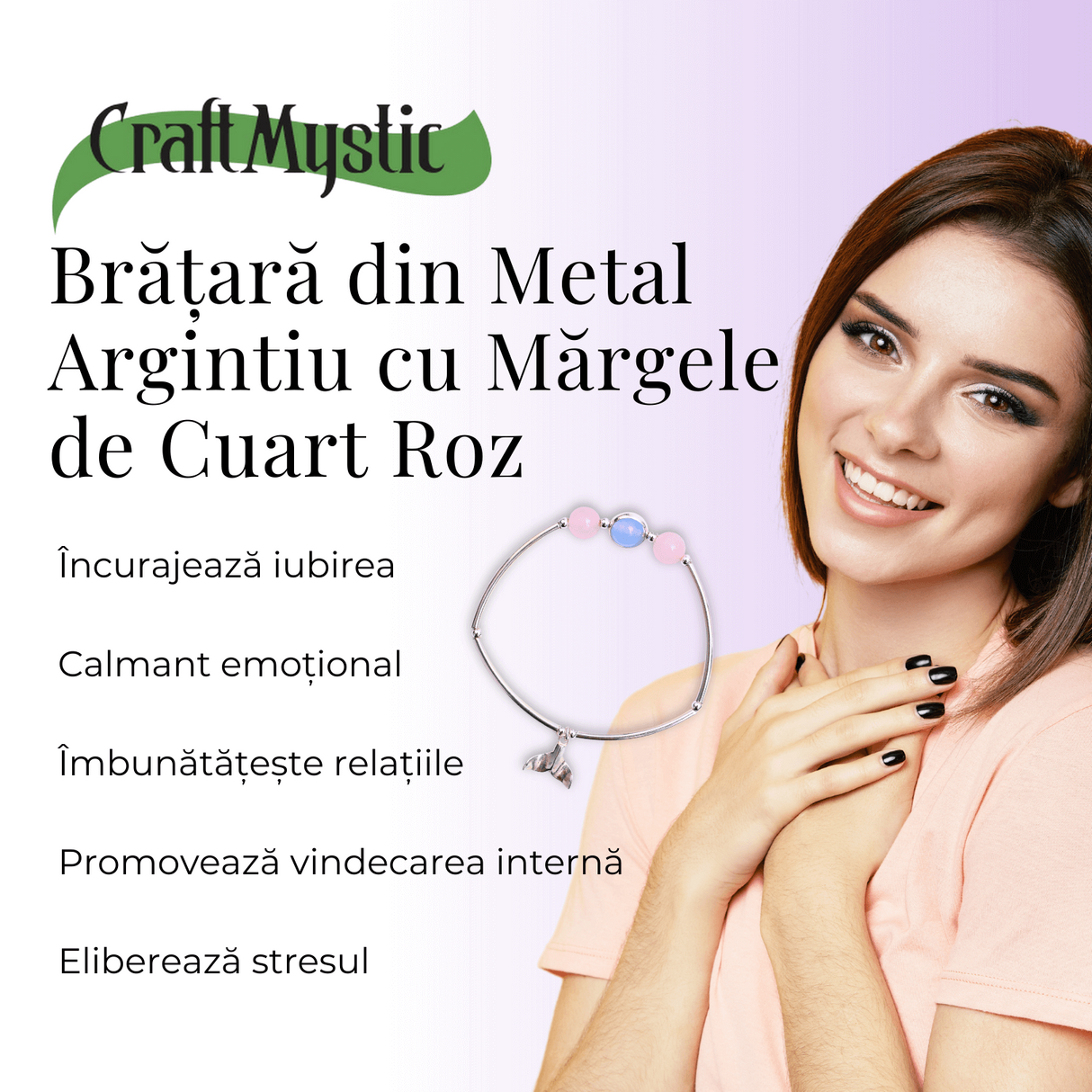 Bratara Metalica cu Margele din Cuart Roz, Margea si Pandantiv Aripi de Balena